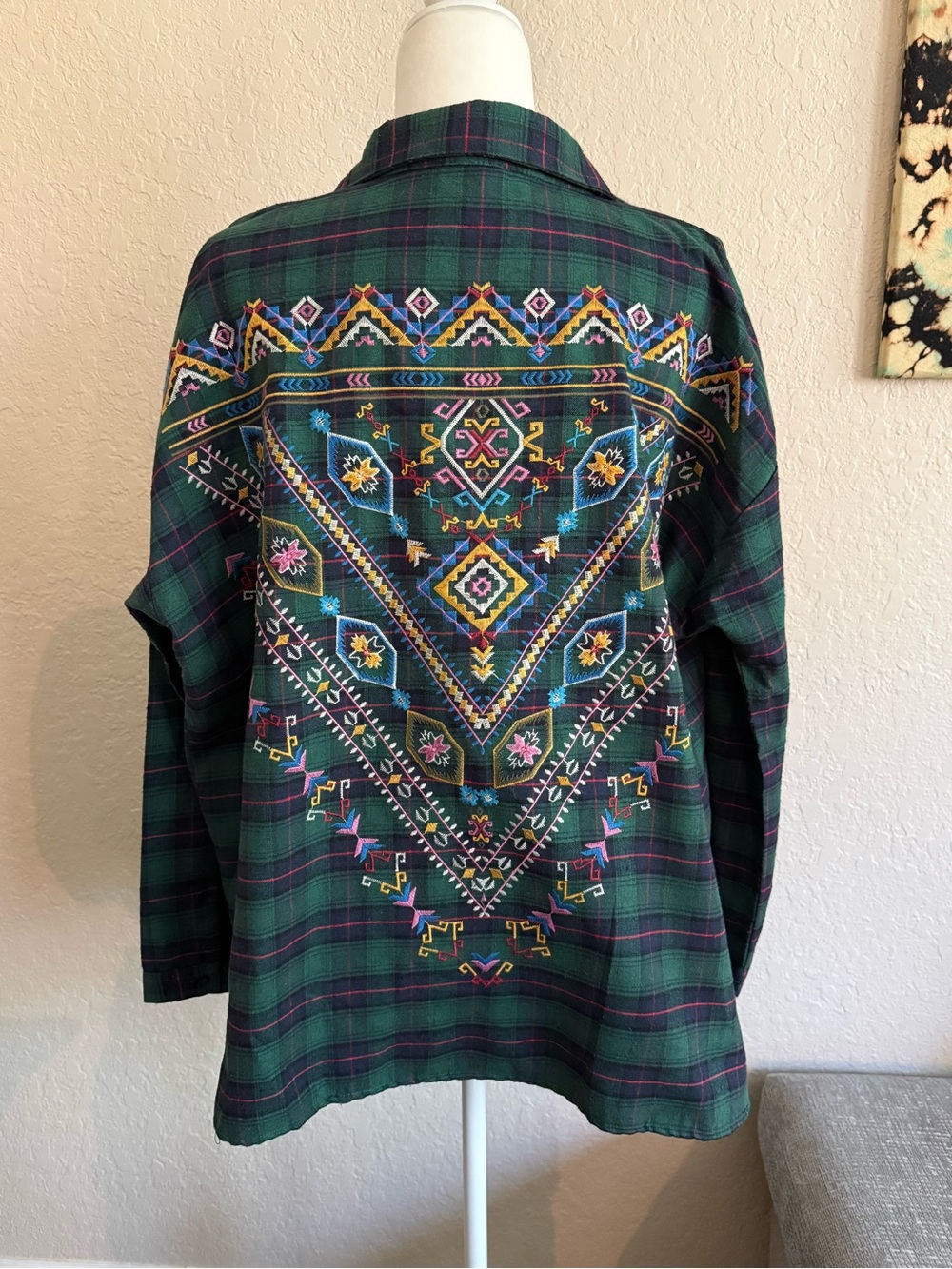 UMGEE Green Plaid Flannel Button Down Shirt Boho Embroidered Back Large L - Picture 9 of 9